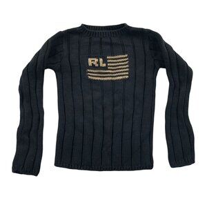 Polo Jeans Co. Ralph Lauren Women's Flag Sweater Small Black Ribbed Knit Pullove